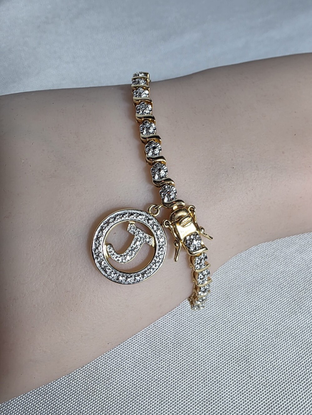 Sterling Silver Gold Plated Initial J Simulated Stone Tennis Bracelet Size 7